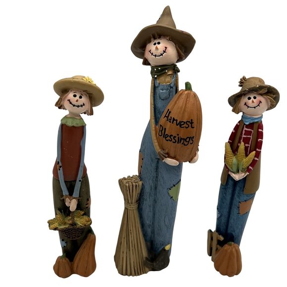 Harvest Blessings RARE Vintage Scarecrow Pencil Figurine Set Folk Art Fall Decor - Picture 10 of 15